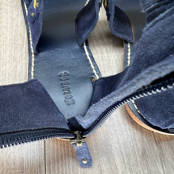 Soludos Embroidered Three Banded Flat Sandals Womens 8 Ankle Zip Suede Navy Blue - Picture 8 of 10